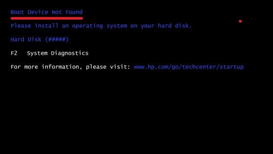 Скриншот ошибки Boot Device Not Found на HP