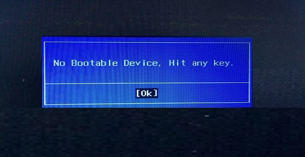 No Bootable Device, Hit any key скриншот ошибки