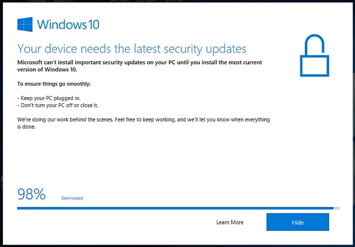 Сообщение о необходимости в обновлении на Windows 10